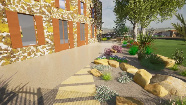 Vue 3D de massifs plantés et d’un cheminement le long d’une maison en pierre
