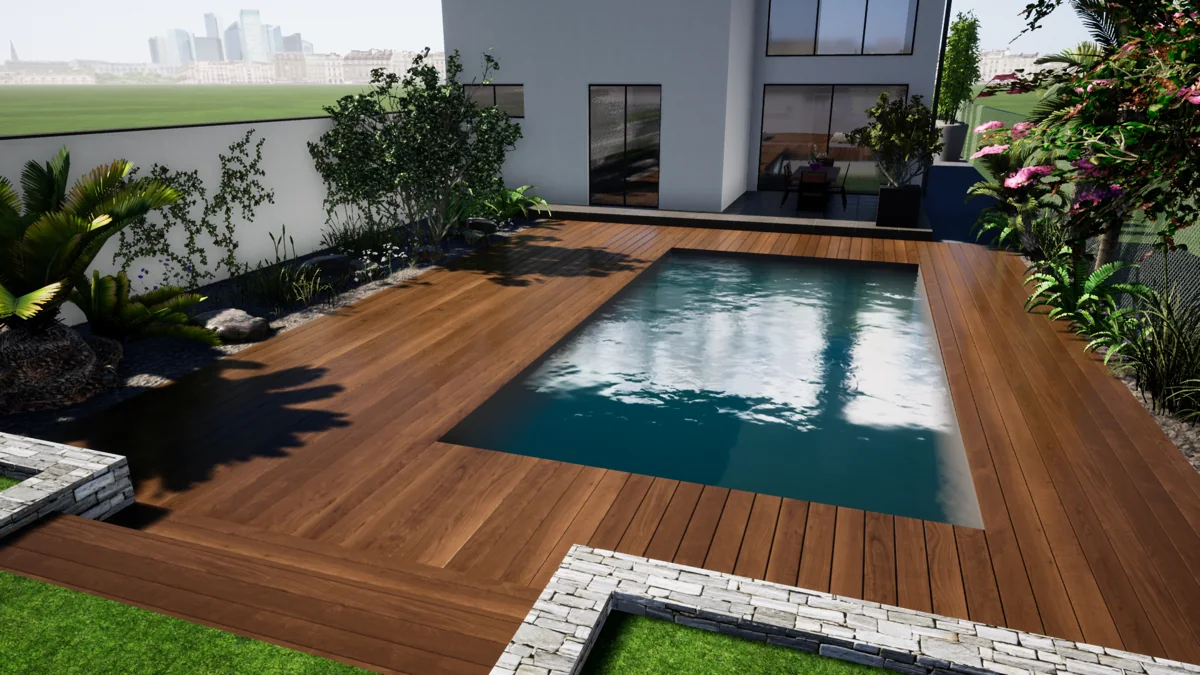Vue 3D d’une terrasse en bois autour d’une piscine, bordée de plantations